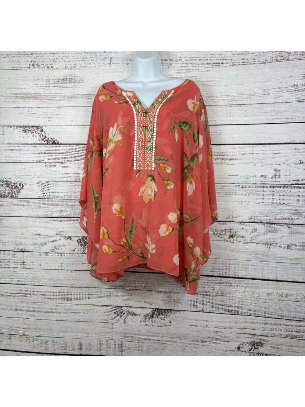 Belle Kim Gravel Coral Magnolia Print Embroidered Sheer Lined Blouse